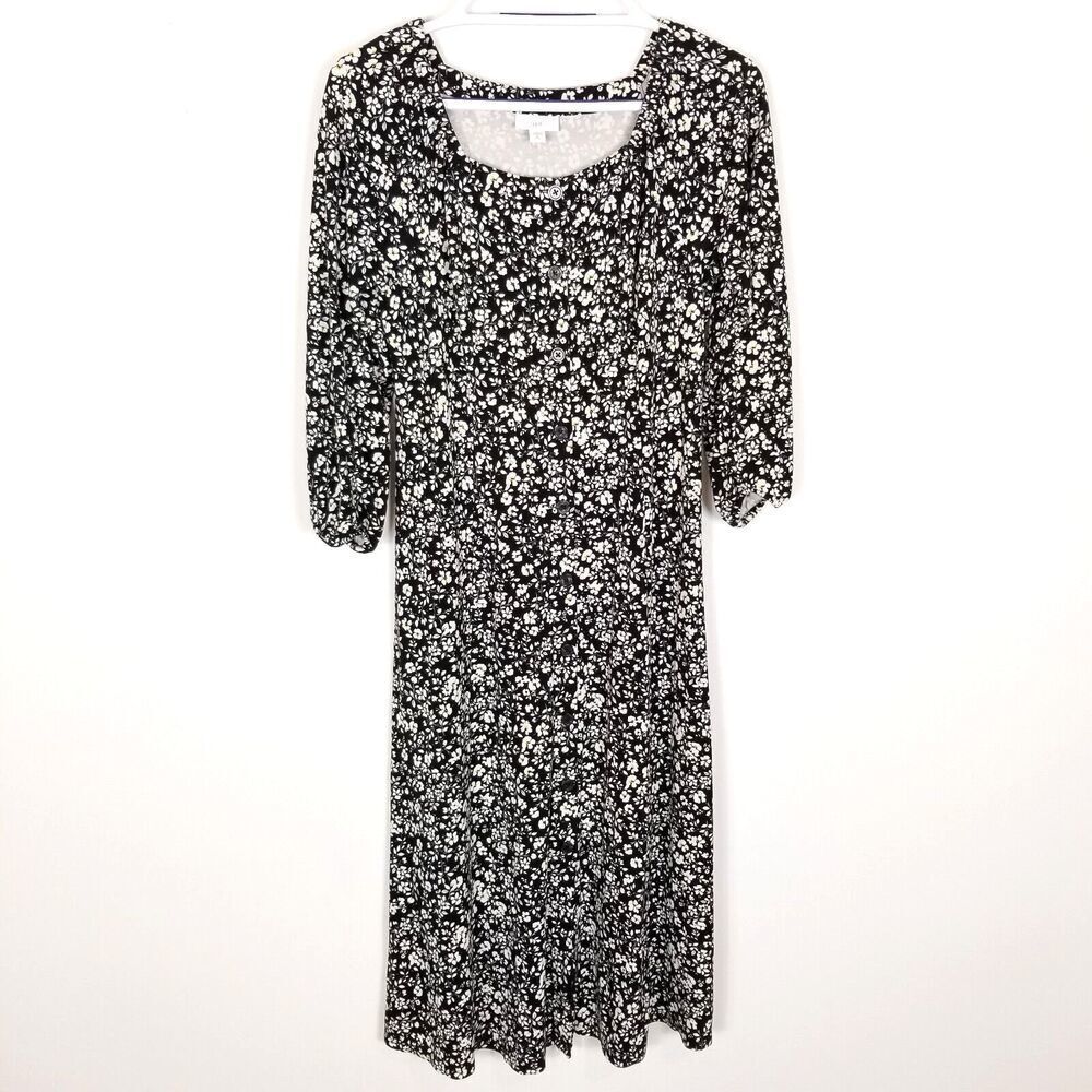 J.‎ Jill Women Square Neck Button Front Midi Dress S Black Garden Floral Cottage